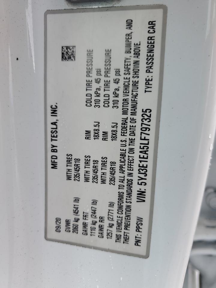 2020 Tesla Model 3 VIN: 5YJ3E1EA5LF797325 Lot: 63693735