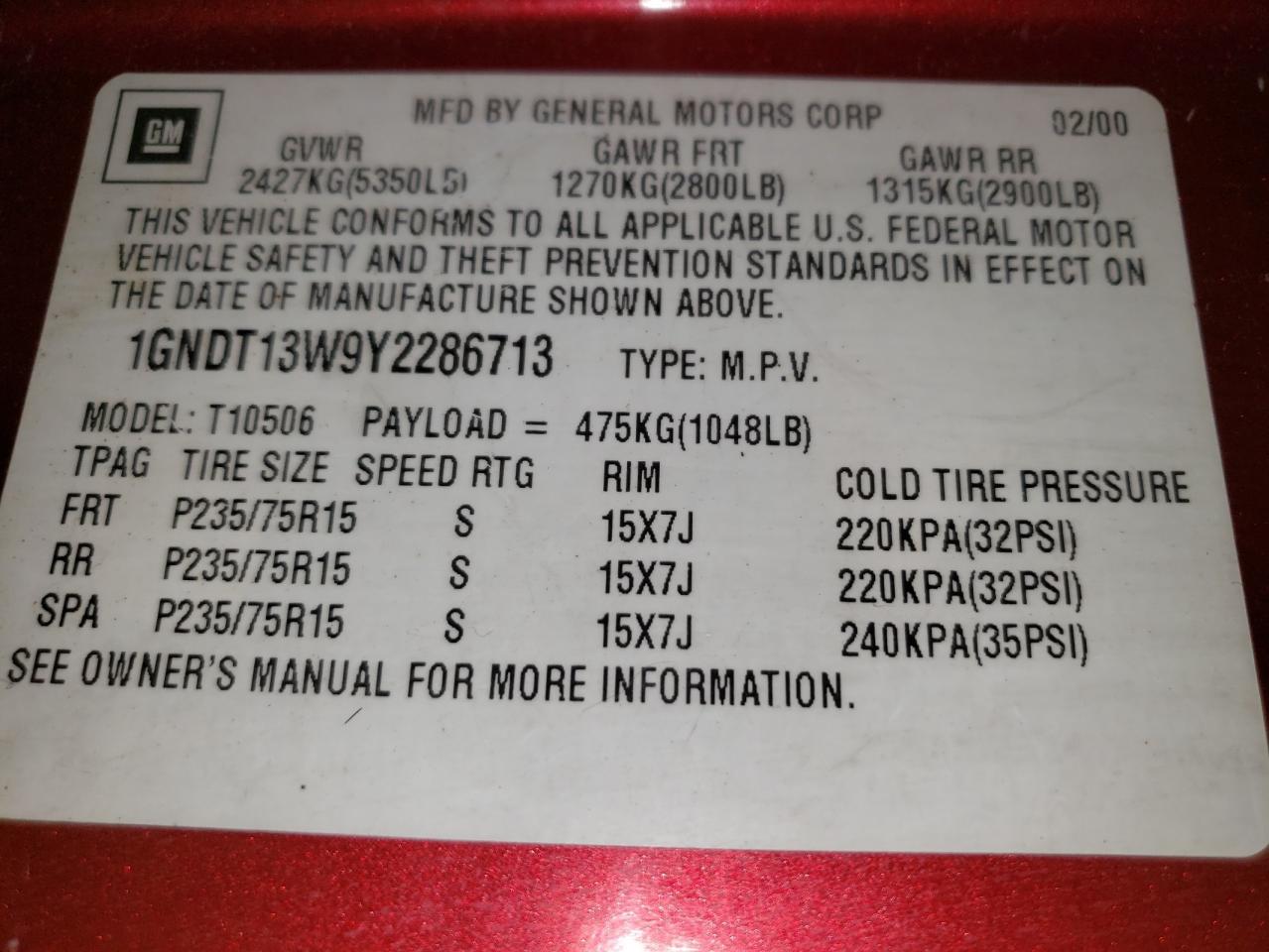 1gndt13w9y2286713 1GNDT13W9Y2286713 2000 Chevrolet Blazer