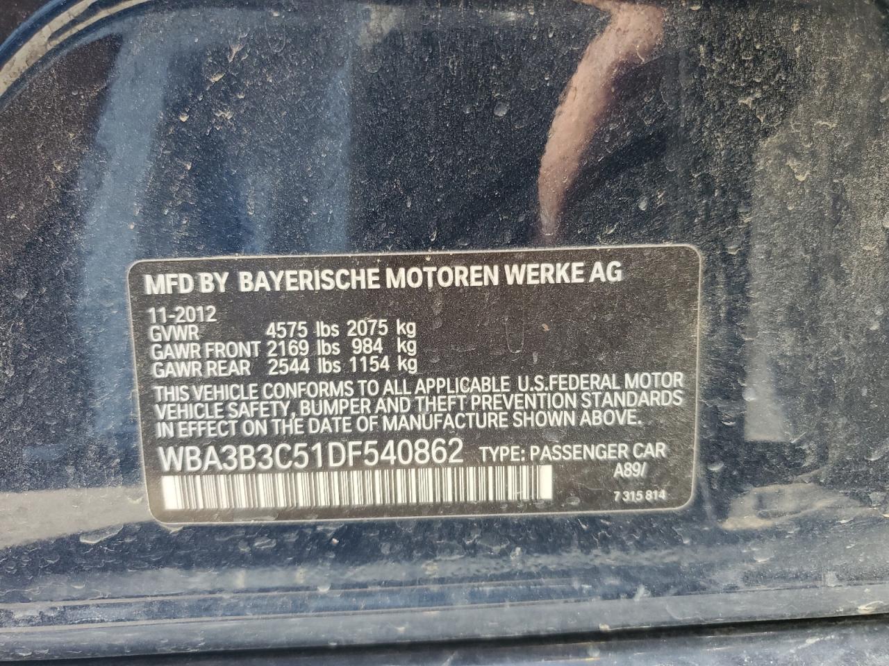 2013 BMW 328 Xi VIN: WBA3B3C51DF540862 Lot: 64718085