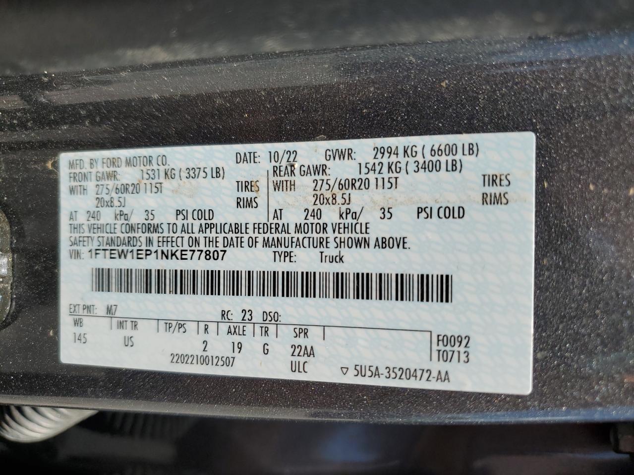 2022 Ford F150 Supercrew VIN: 1FTEW1EP1NKE77807 Lot: 62283895