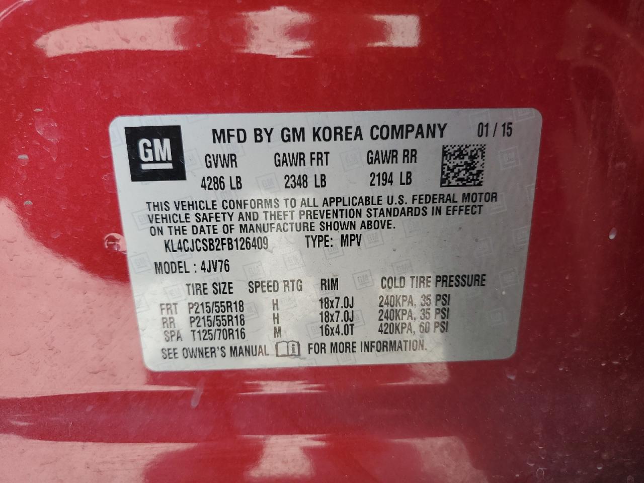 2015 Buick Encore VIN: KL4CJCSB2FB126409 Lot: 64485475
