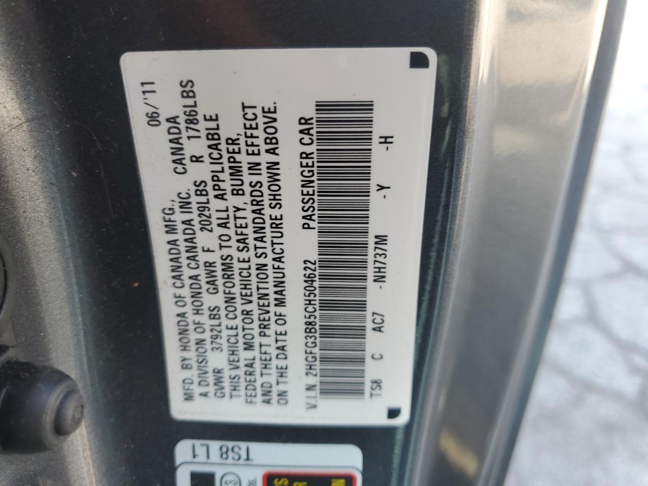 2012 Honda Civic Ex VIN: 2HGFG3B85CH504622 Lot: 64034825