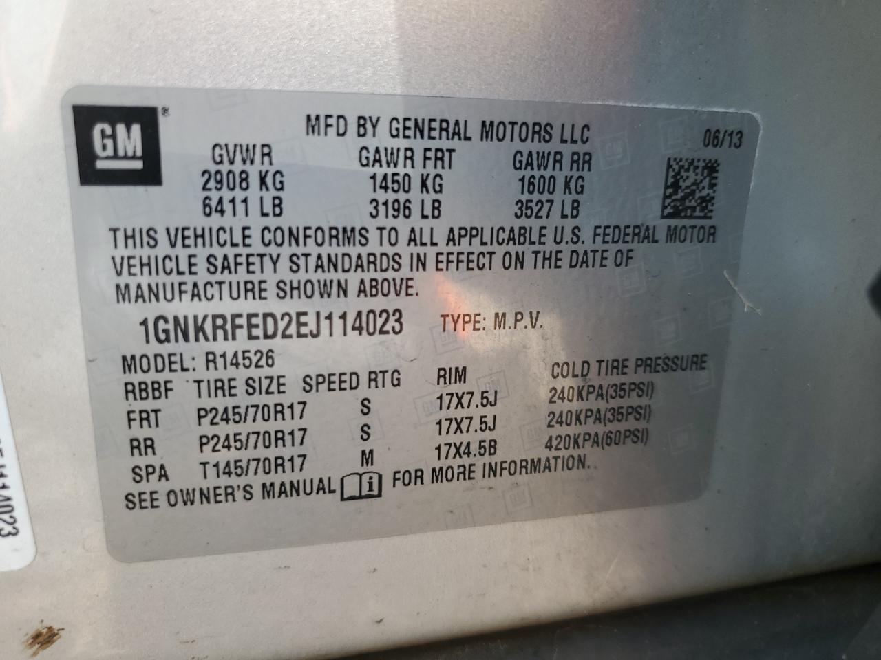 2014 Chevrolet Traverse Ls VIN: 1GNKRFED2EJ114023 Lot: 66132045