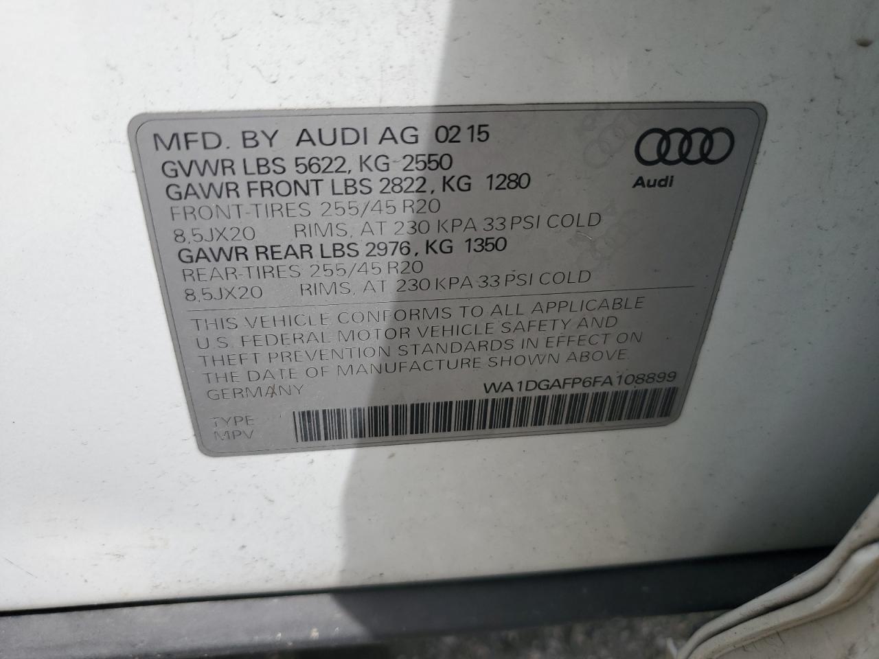 2015 Audi Q5 Premium Plus VIN: WA1DGAFP6FA108899 Lot: 65263655
