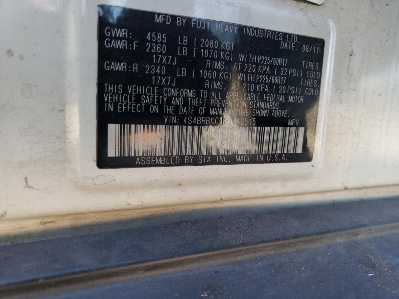 2011 Subaru Outback 2.5I Limited VIN: 4S4BRBKC1B3443515 Lot: 65702135