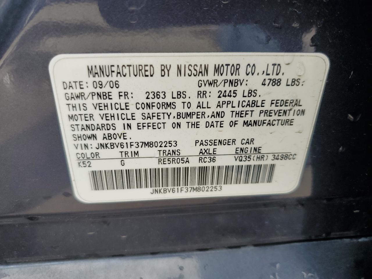 2007 Infiniti G35 VIN: JNKBV61F37M802253 Lot: 65778505