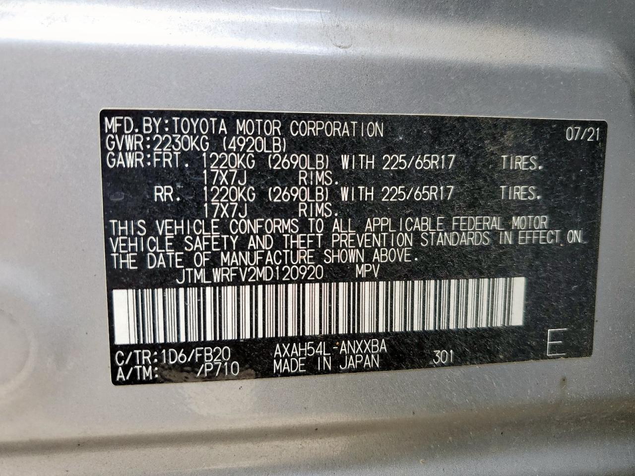 2021 Toyota Rav4 Le VIN: JTMLWRFV2MD120920 Lot: 63752055
