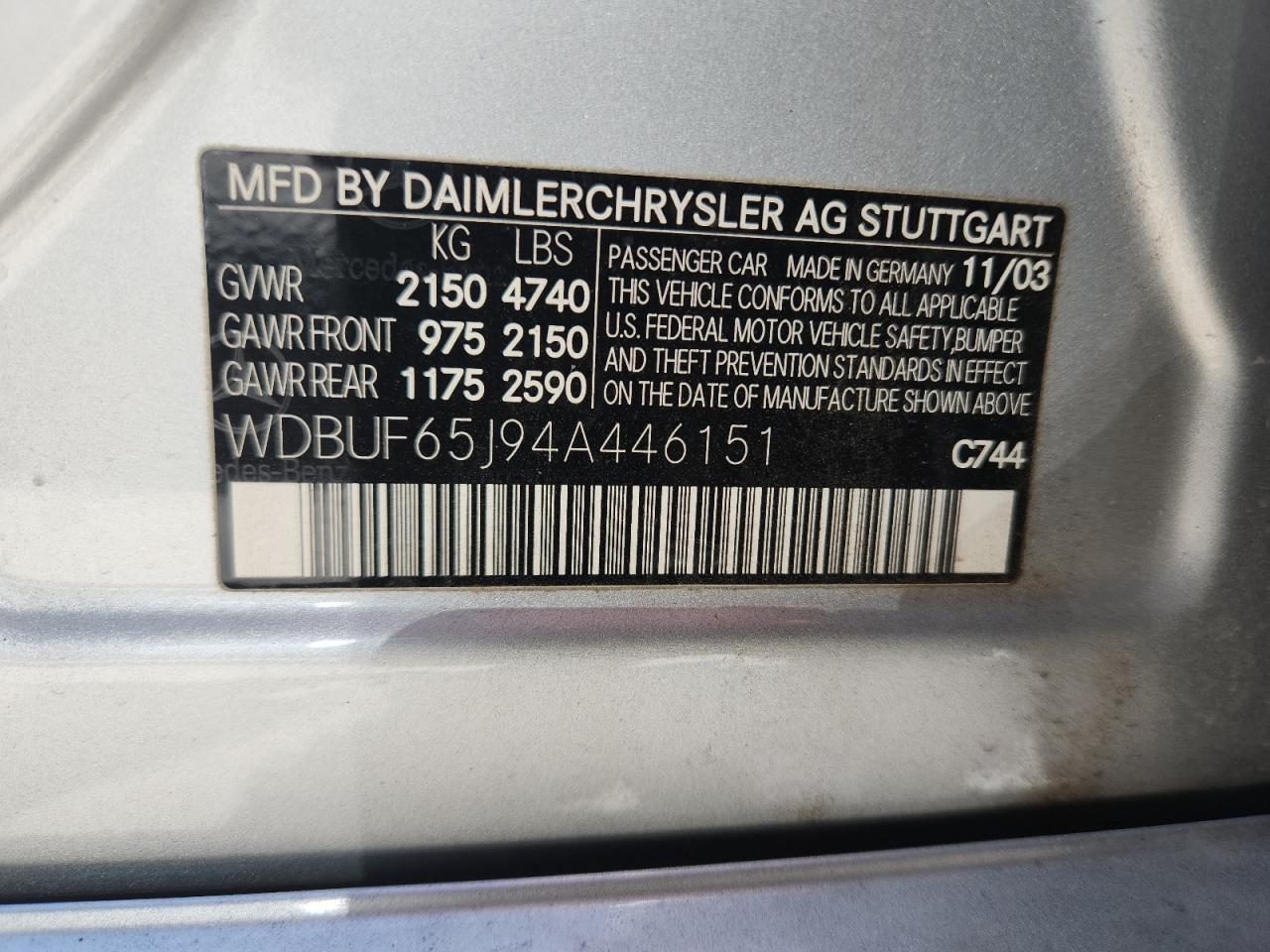 2004 Mercedes-Benz E 320 VIN: WDBUF65J94A446151 Lot: 66414295
