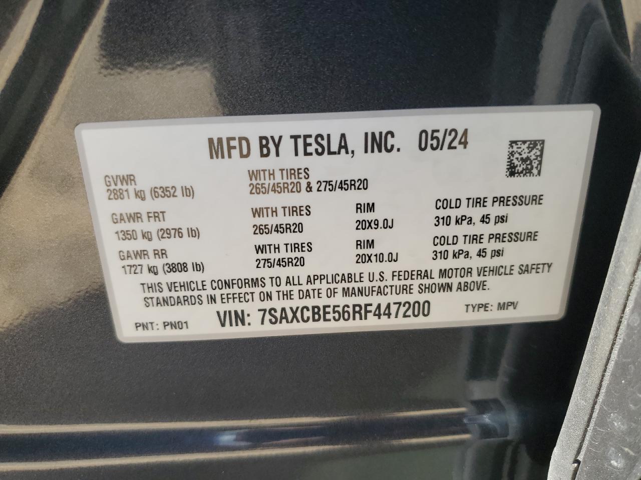 2024 Tesla Model X VIN: 7SAXCBE56RF447200 Lot: 63454505