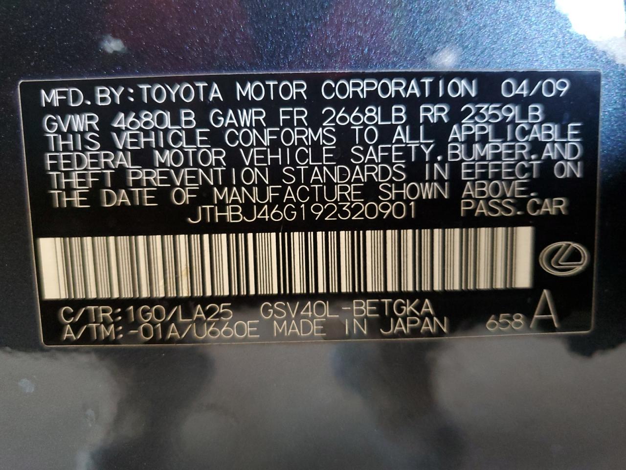 2009 Lexus Es 350 VIN: JTHBJ46G192320901 Lot: 65240405