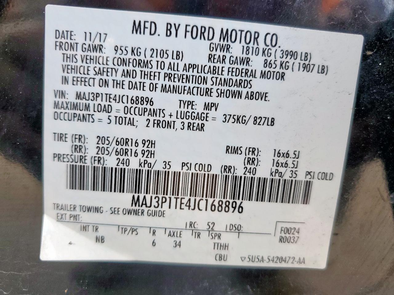 2018 Ford Ecosport Se VIN: MAJ3P1TE4JC168896 Lot: 62716235