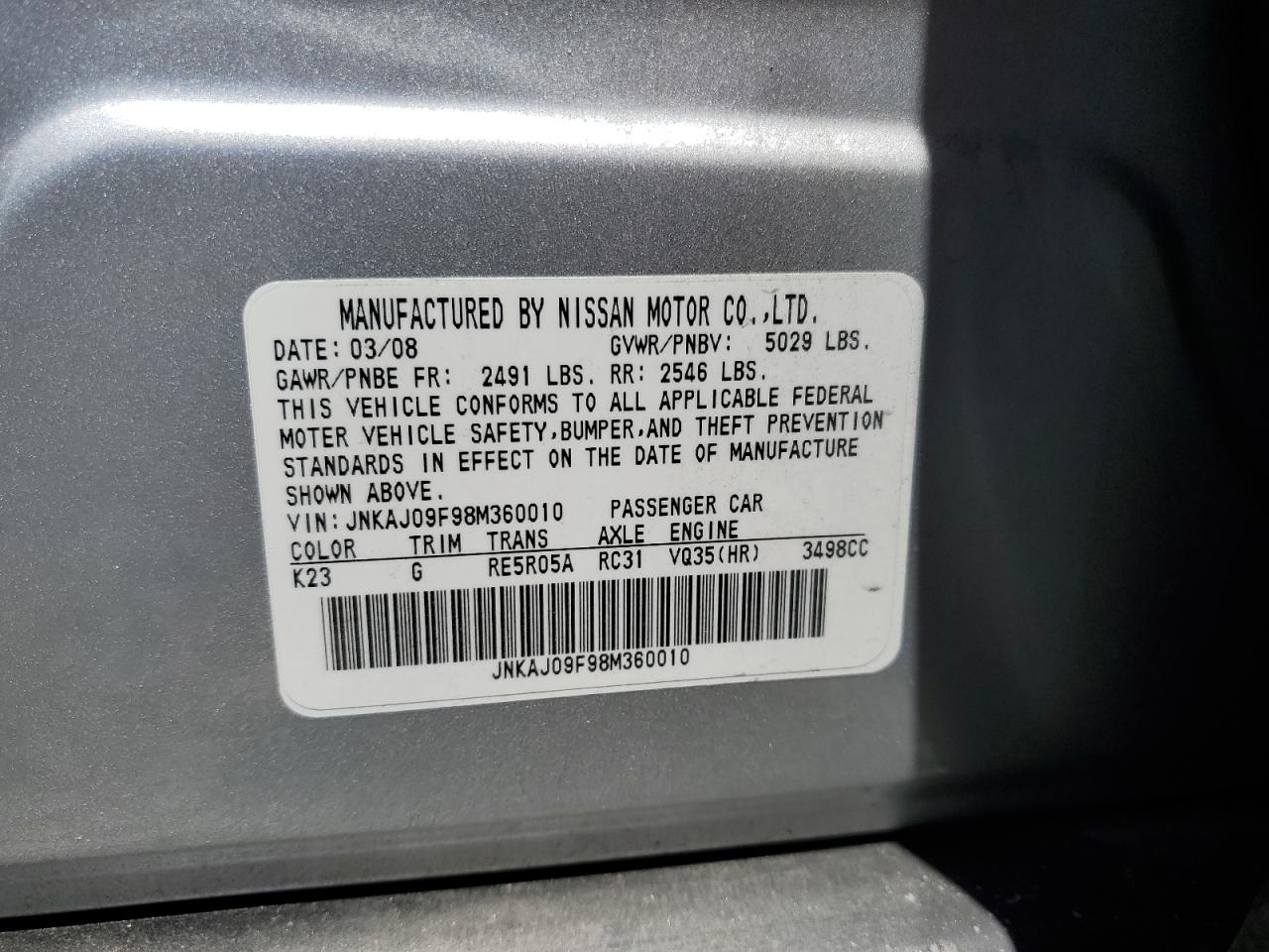2008 Infiniti Ex35 Base VIN: JNKAJ09F98M360010 Lot: 63227175