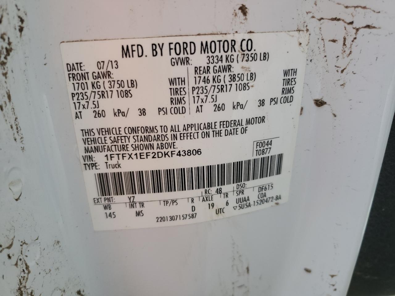 2013 Ford F150 Super Cab VIN: 1FTFX1EF2DKF43806 Lot: 64323385