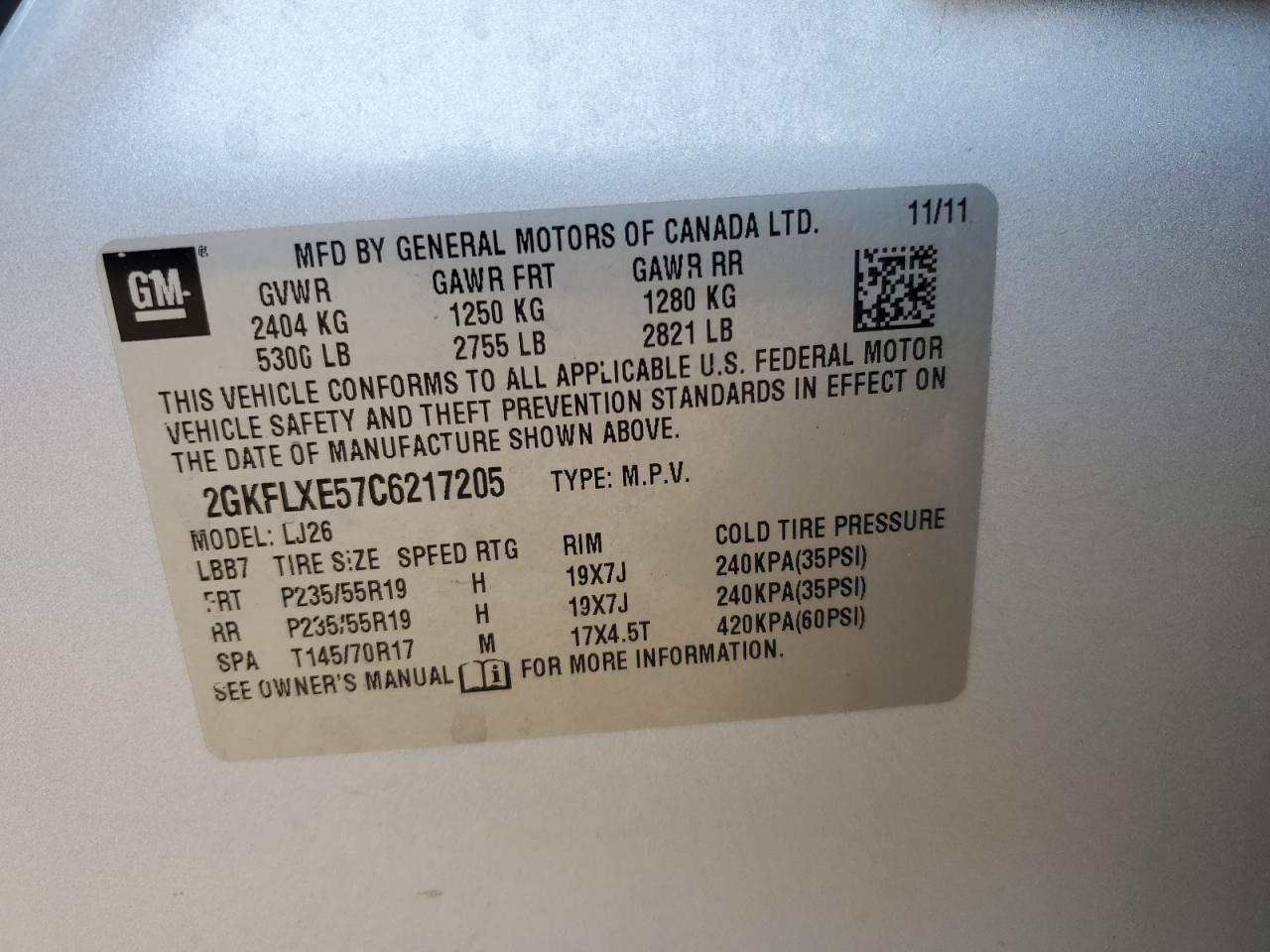 2012 GMC Terrain Slt VIN: 2GKFLXE57C6217205 Lot: 64410345
