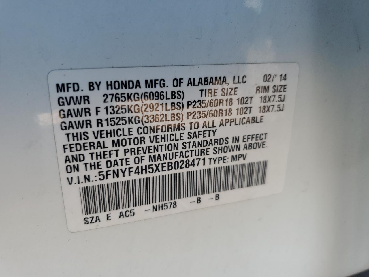 2014 Honda Pilot Exl VIN: 5FNYF4H5XEB028471 Lot: 64451745