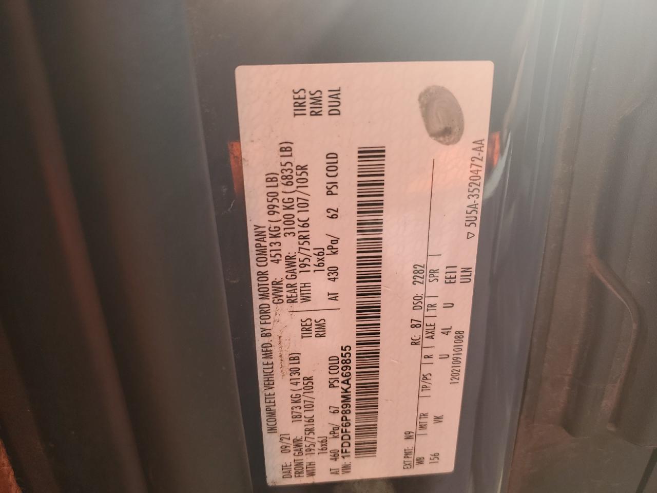 2021 Ford Transit T-350 Hd VIN: 1FDDF6P89MKA69855 Lot: 63668205