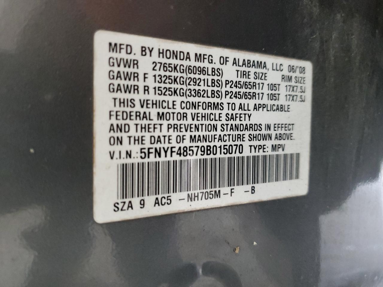 2009 Honda Pilot Exl VIN: 5FNYF48579B015070 Lot: 63392675