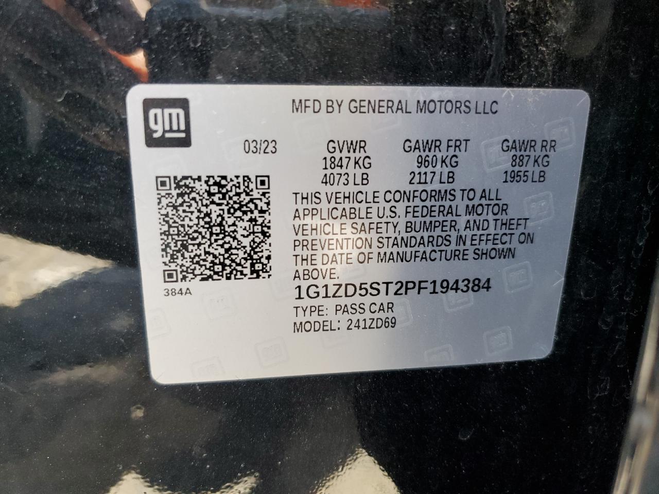 2023 Chevrolet Malibu Lt VIN: 1G1ZD5ST2PF194384 Lot: 63662465