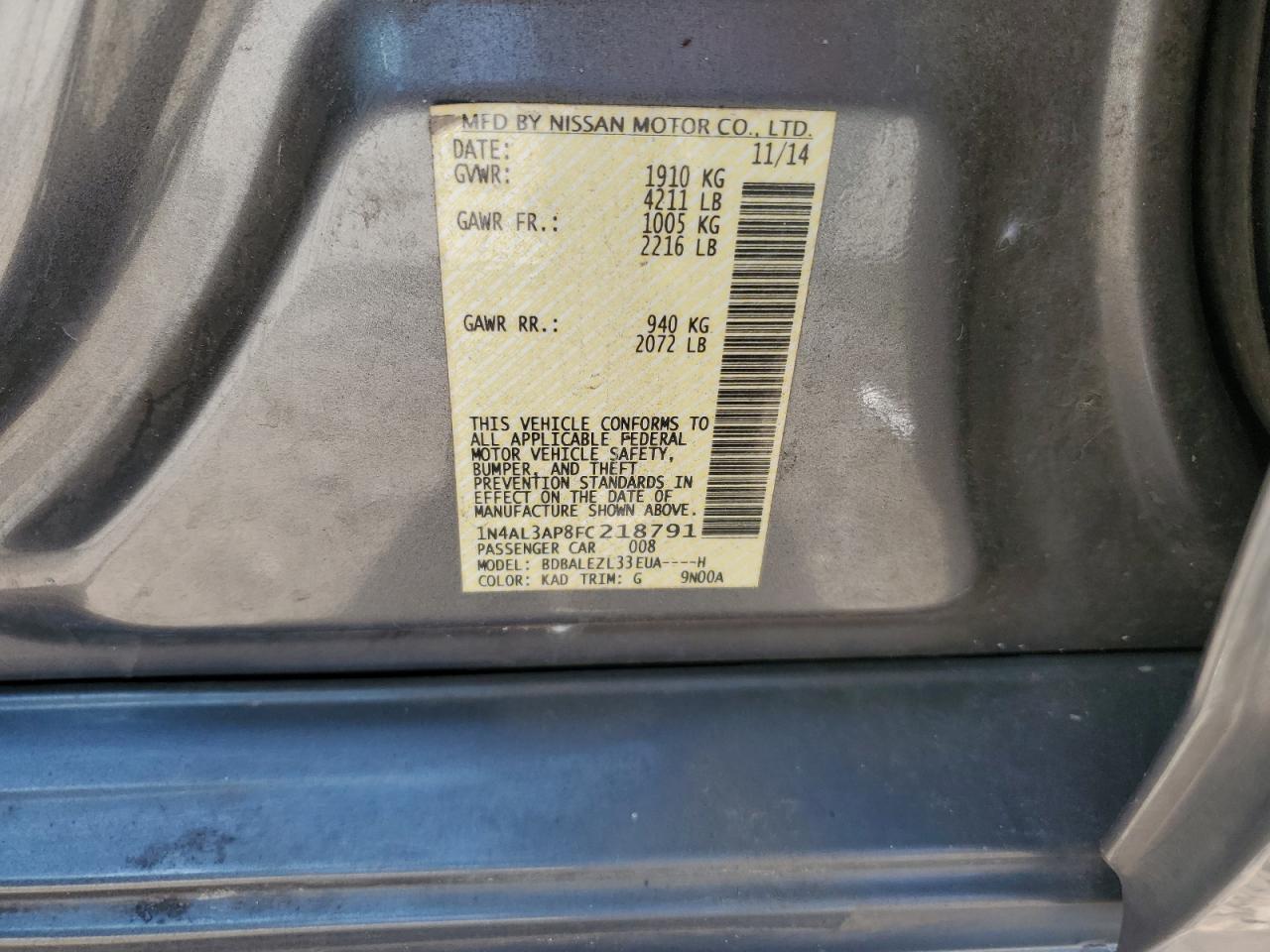 2015 Nissan Altima 2.5 VIN: 1N4AL3AP8FC218791 Lot: 65408215