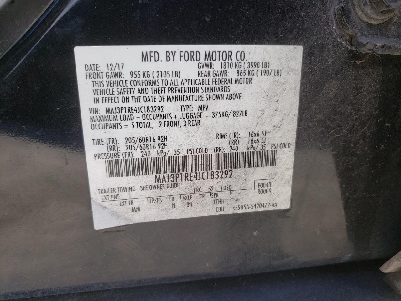 2018 Ford Ecosport S VIN: MAJ3P1RE4JC183292 Lot: 63731485