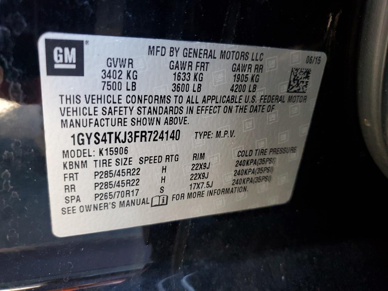 2015 Cadillac Escalade Esv Premium VIN: 1GYS4TKJ3FR724140 Lot: 64409165