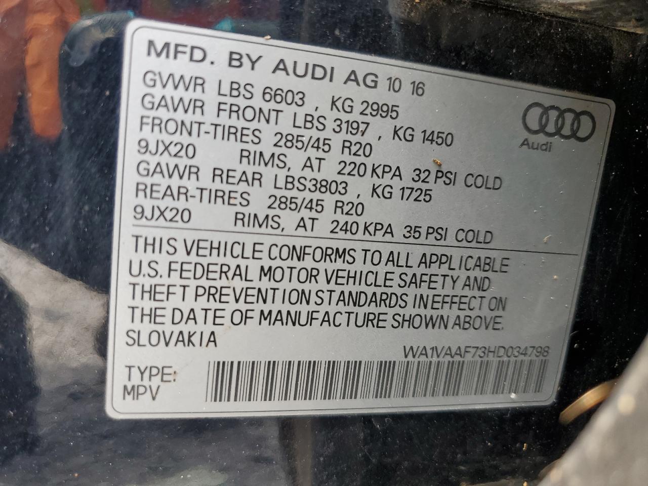2017 Audi Q7 Prestige VIN: WA1VAAF73HD034798 Lot: 63945695