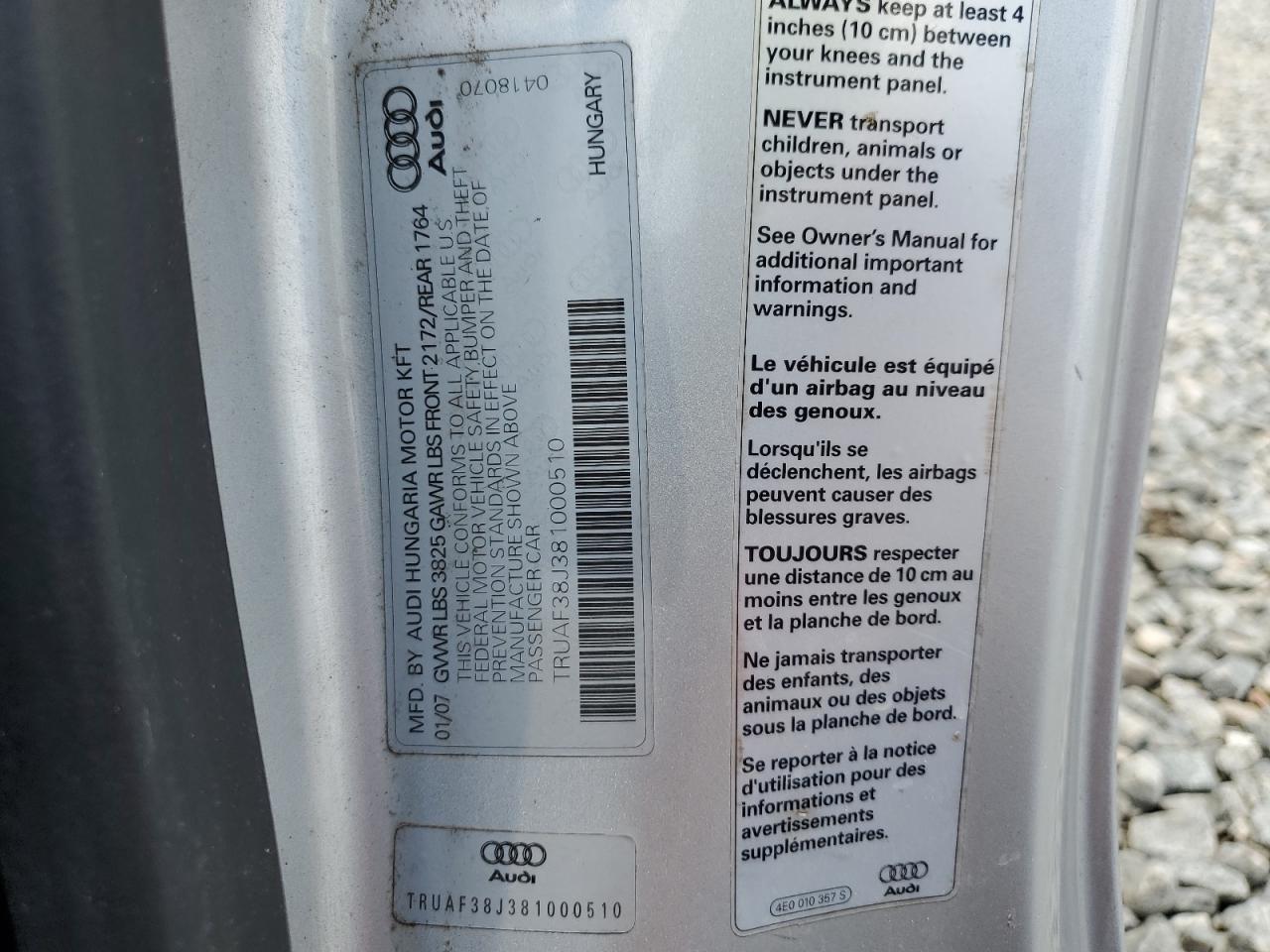 2008 Audi Tt 2.0T VIN: TRUAF38J381000510 Lot: 64452515