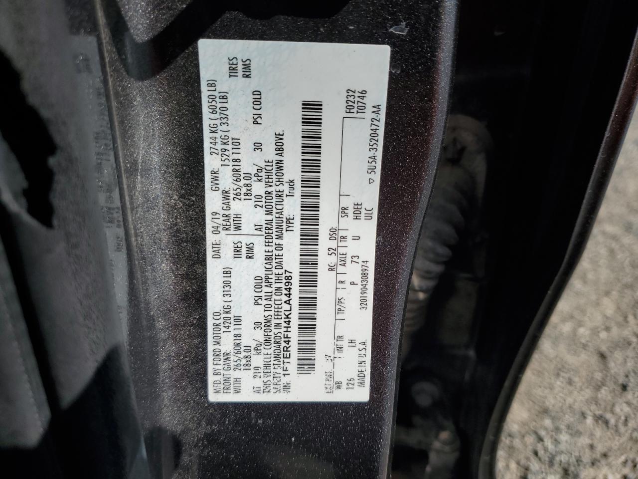 2019 Ford Ranger Xl VIN: 1FTER4FH4KLA44987 Lot: 65250685