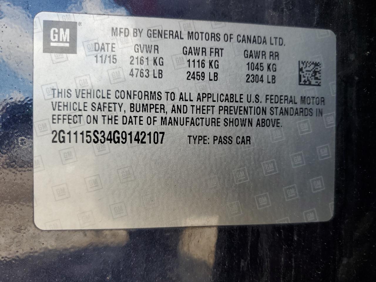 2016 Chevrolet Impala Lt VIN: 2G1115S34G9142107 Lot: 65824955