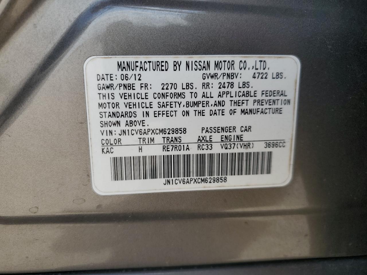 2012 Infiniti G37 Base VIN: JN1CV6APXCM629858 Lot: 63820995