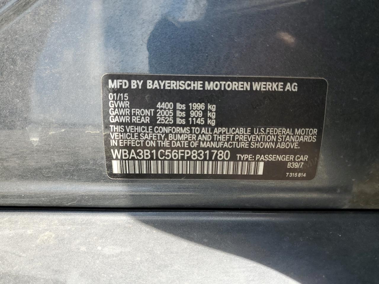 2015 BMW 320 I VIN: WBA3B1C56FP831780 Lot: 64493225