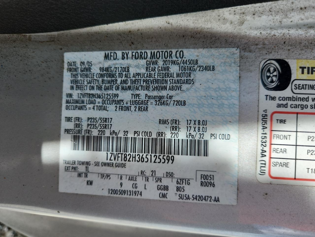 2006 Ford Mustang Gt VIN: 1ZVFT82H365125599 Lot: 64982455