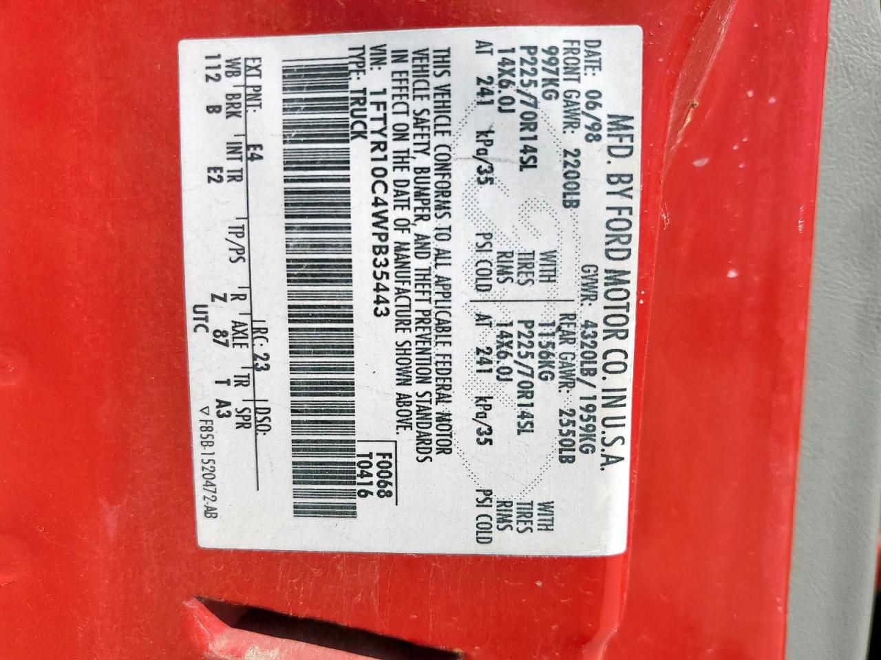 1998 Ford Ranger VIN: 1FTYR10C4WPB35443 Lot: 67060555