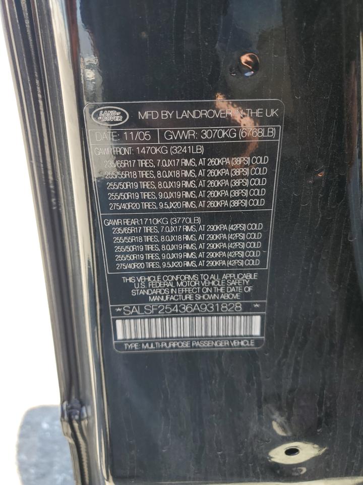 2006 Land Rover Range Rover Sport Hse VIN: SALSF25436A931828 Lot: 63606055