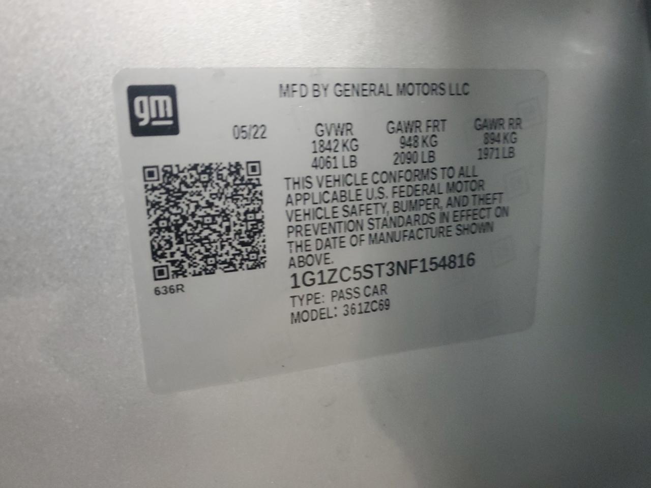 2022 Chevrolet Malibu Ls VIN: 1G1ZC5ST3NF154816 Lot: 64469825