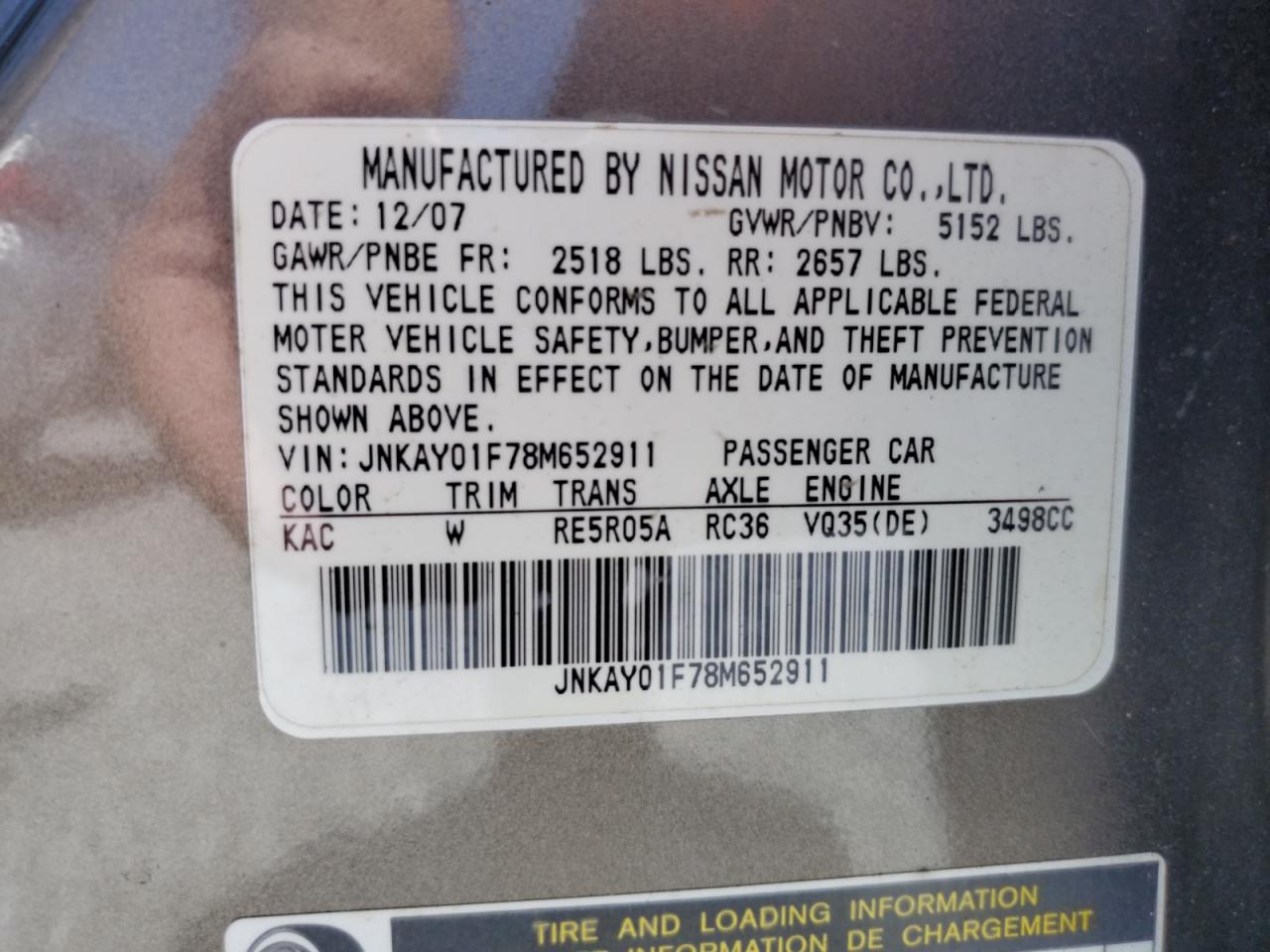 2008 Infiniti M35 Base VIN: JNKAY01F78M652911 Lot: 65891225