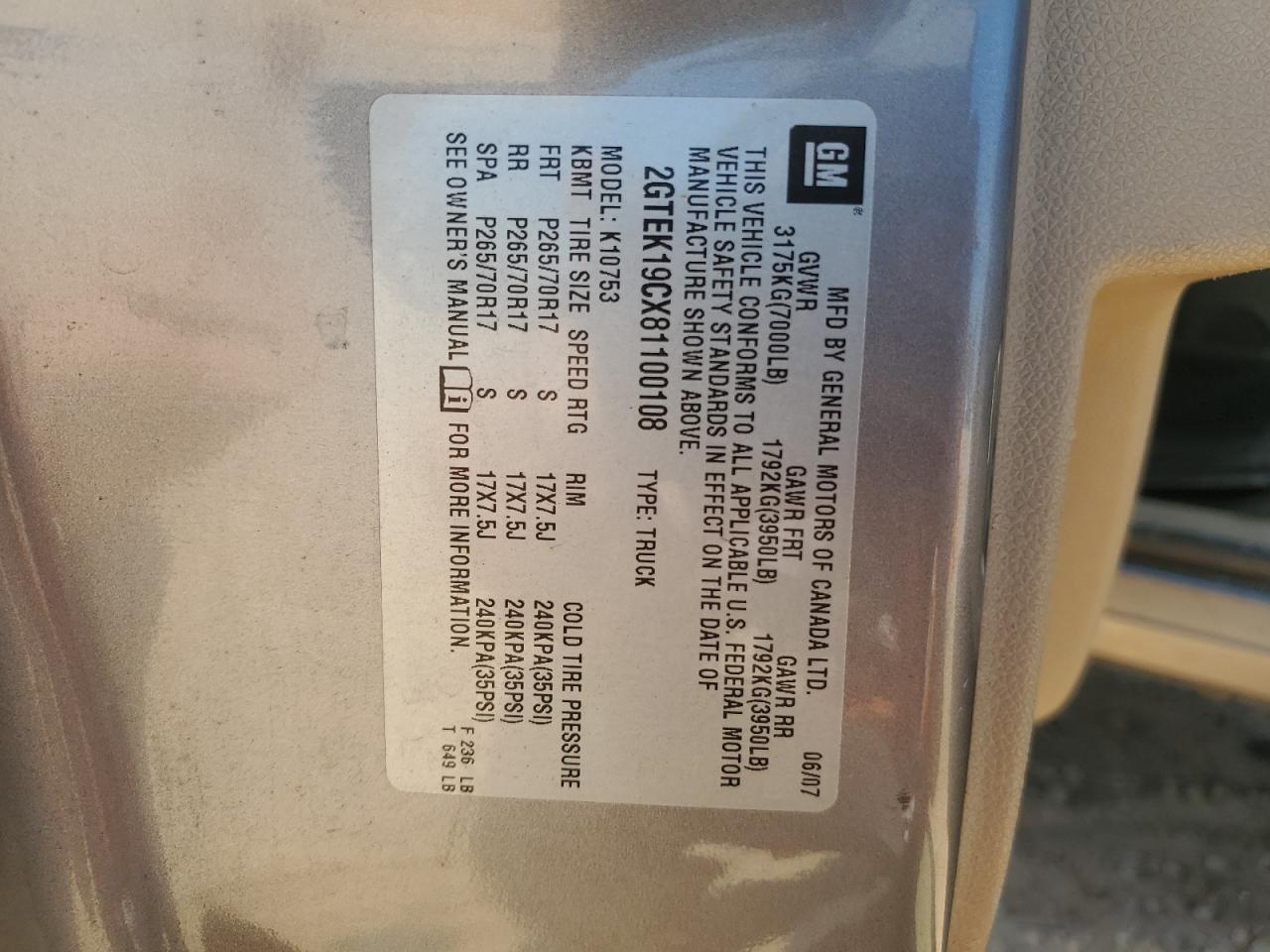 2gtek19cx81100108 2GTEK19CX81100108 2008 GMC Sierra K1500