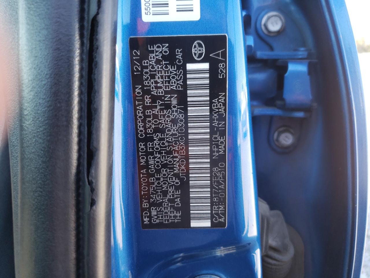 2012 Toyota Prius C VIN: JTDKDTB3XC1030871 Lot: 64467355