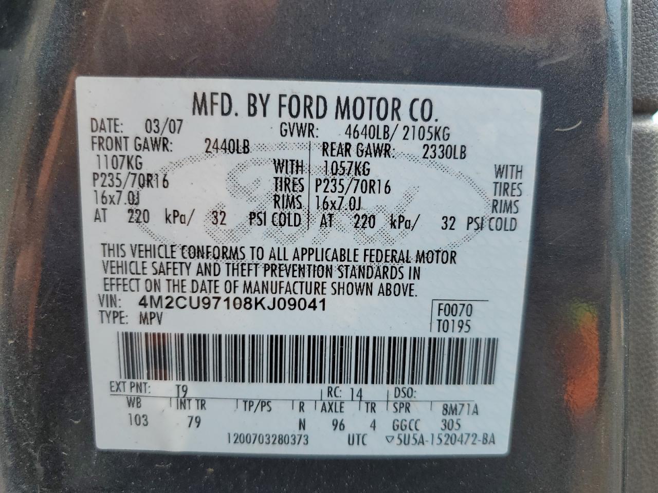 2008 Mercury Mariner Premier VIN: 4M2CU97108KJ09041 Lot: 66354665