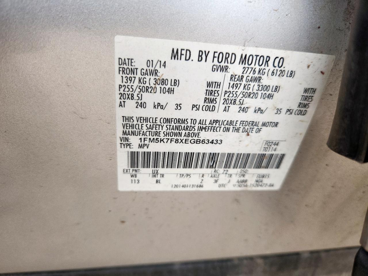 2014 Ford Explorer Limited VIN: 1FM5K7F8XEGB63433 Lot: 62212775