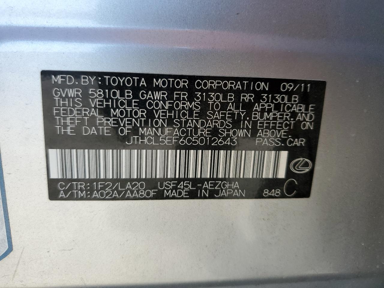 2012 Lexus Ls 460 VIN: JTHCL5EF6C5012643 Lot: 65502165