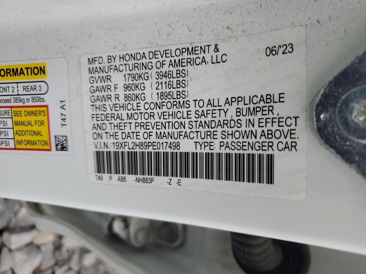 2023 Honda Civic Sport VIN: 19XFL2H89PE017498 Lot: 64724915