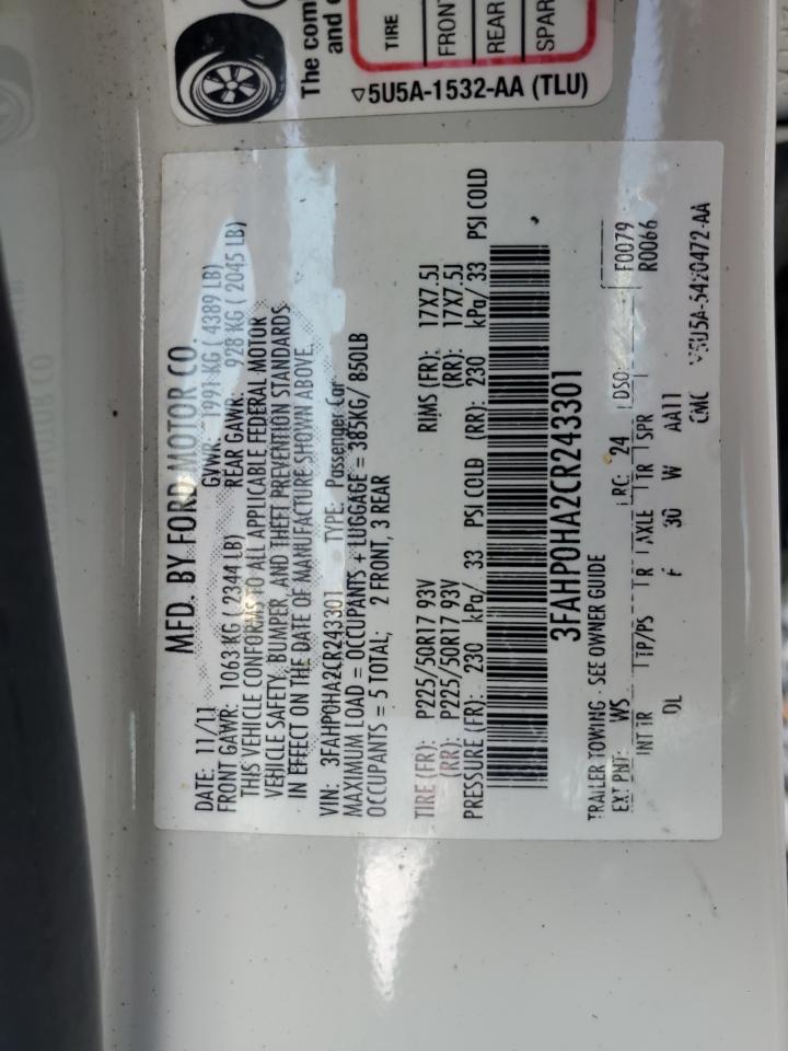 2012 Ford Fusion Se VIN: 3FAHP0HA2CR243301 Lot: 65420415