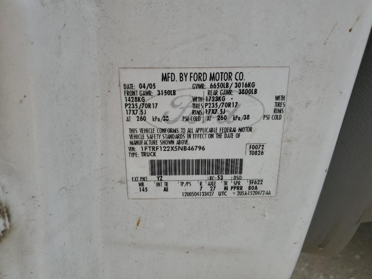 2005 Ford F150 VIN: 1FTRF122X5NB46796 Lot: 66045835