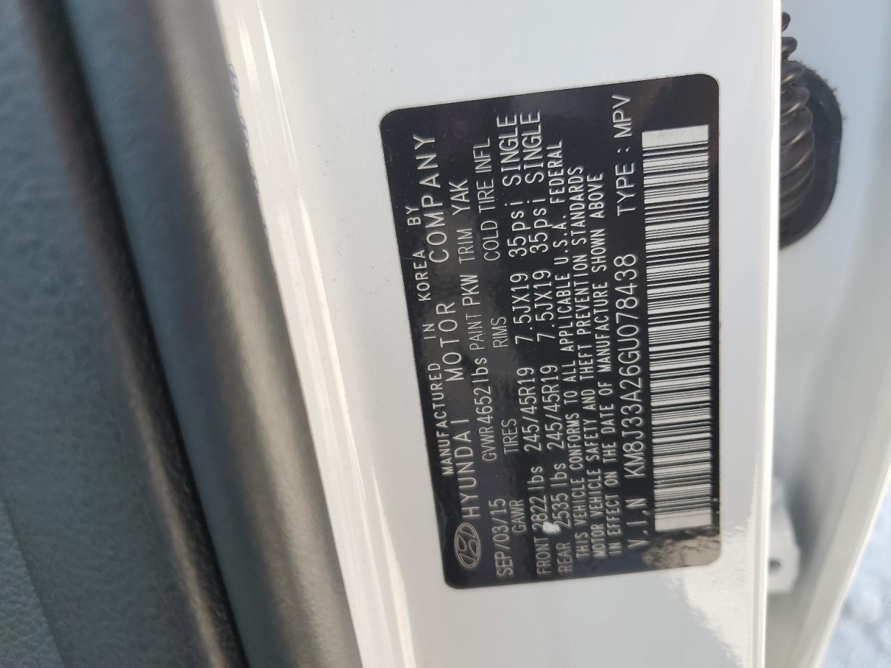 2016 Hyundai Tucson Limited VIN: KM8J33A26GU078438 Lot: 66119775