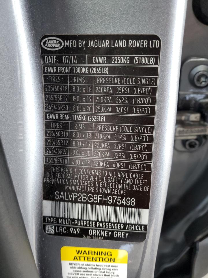 2015 Land Rover Range Rover Evoque Pure Plus VIN: SALVP2BG8FH975498 Lot: 65217915