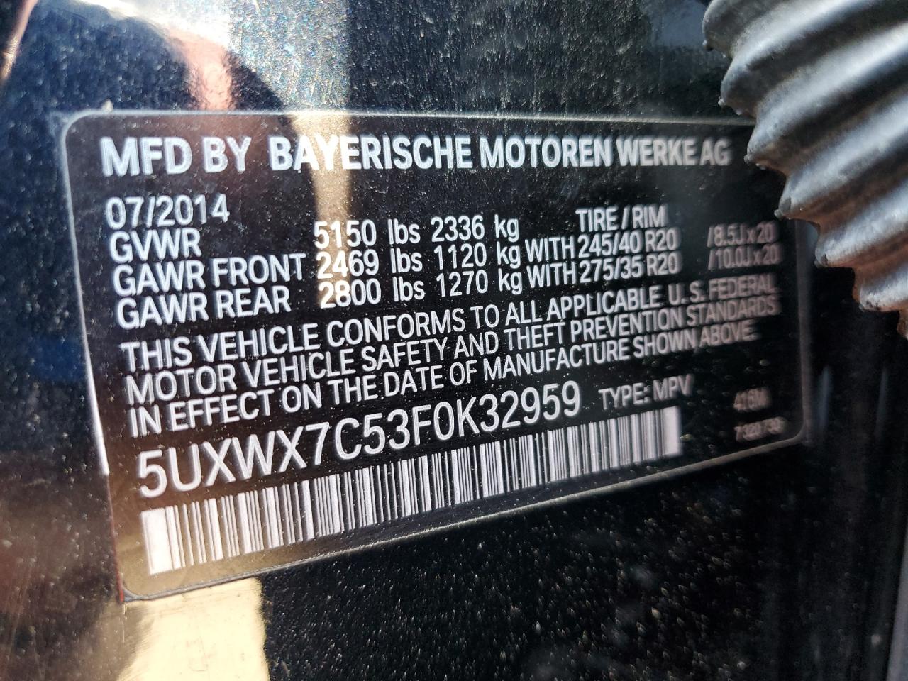 2015 BMW X3 xDrive35I VIN: 5UXWX7C53F0K32959 Lot: 62686765