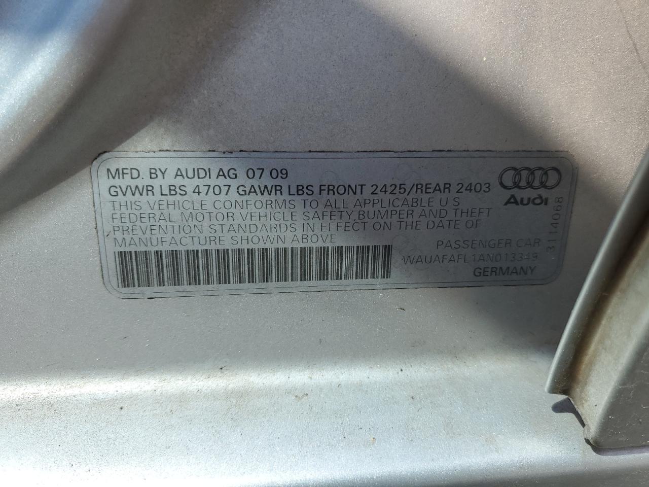 2010 Audi A4 Premium VIN: WAUAFAFL1AN013349 Lot: 65003045