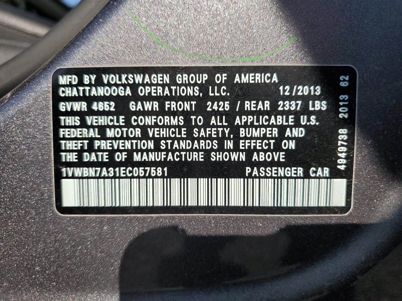 2014 Volkswagen Passat Se VIN: 1VWBN7A31EC057581 Lot: 64675035