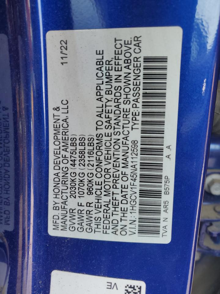 2022 Honda Accord Sport Se VIN: 1HGCV1F45NA112598 Lot: 64465215
